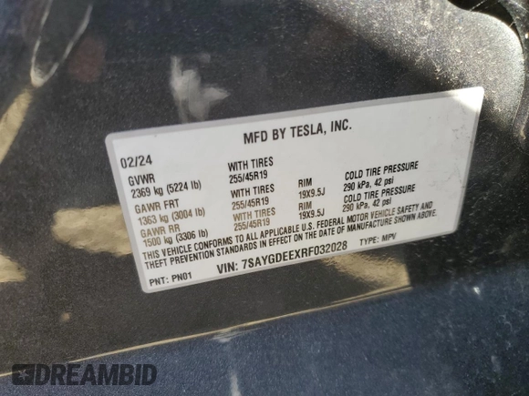 2024 Tesla Model Y Long Range с VIN 7SAYGDEEXRF032028, выставлен на аукционе Copart как лот 47128085 с пробегом 8 607 миль миль и Списание • Salvage title. История ставок и продаж доступна на DreamBid. Изображение 14.