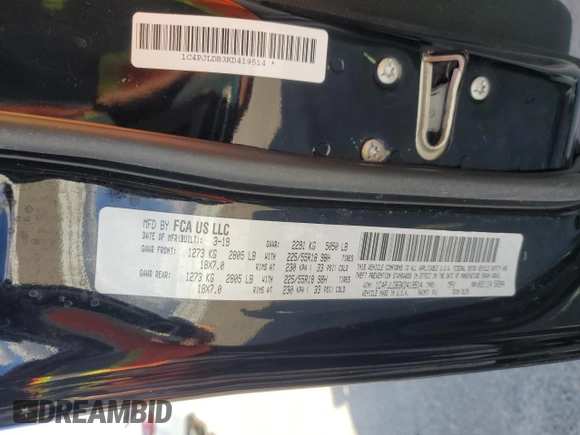 2019 Jeep Cherokee Limited with VIN 1C4PJLDB3KD419514, listed as a Copart auction lot 51371725 with 47,783 mi miles and Salvage Title. Bid and sale history available at DreamBid. Image 14.