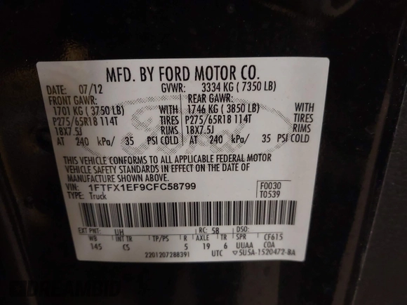 2012 Ford F-150 XL with VIN 1FTFX1EF9CFC58799, listed as a IAAI auction lot 41398542 with 161,764 mi miles. Bid and sale history available at carsss.com. Image 9.