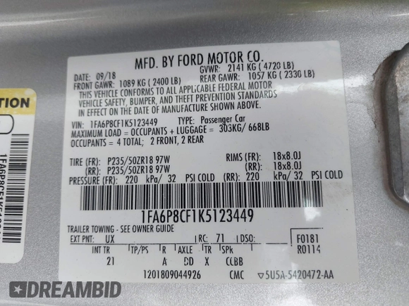 2019 Ford Mustang GT with VIN 1FA6P8CF1K5123449, listed as a IAAI auction lot 41916106 with Not provided miles and . Bid and sale history available at DreamBid. Image 9.
