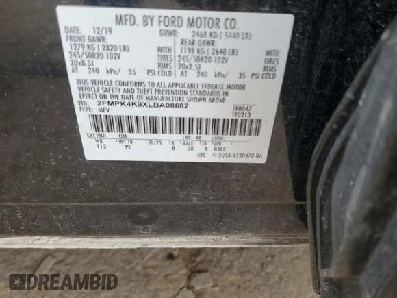 2020 Ford Edge Titanium с VIN 2FMPK4K9XLBA08682, выставлен на аукционе Copart как лот 65023385 с пробегом 78 633 миль миль и Чистый • Clean title. История ставок и продаж доступна на DreamBid. Изображение 12.