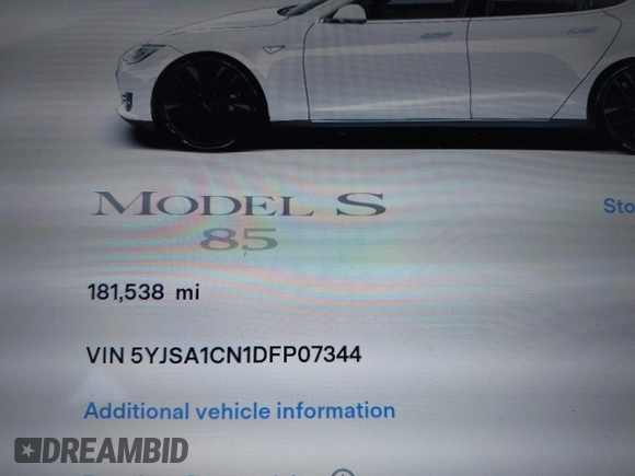 2013 Tesla Model S with VIN 5YJSA1CN1DFP07344, listed as a IAAI auction lot 42746574 with 181,538 mi miles and . Bid and sale history available at DreamBid. Image 7.