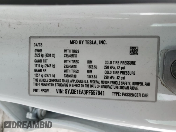 2023 Tesla Model 3 с VIN 5YJ3E1EA3PF557941, выставлен на аукционе Copart как лот 53047505 с пробегом 53 060 миль миль и Списание • Salvage title. История ставок и продаж доступна на DreamBid. Изображение 12.