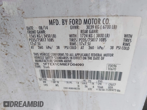 2014 Ford F-150 XL with VIN 1FTEX1CM8EFD04090, listed as a IAAI auction lot 42322851 with Not provided miles and . Bid and sale history available at DreamBid. Image 9.
