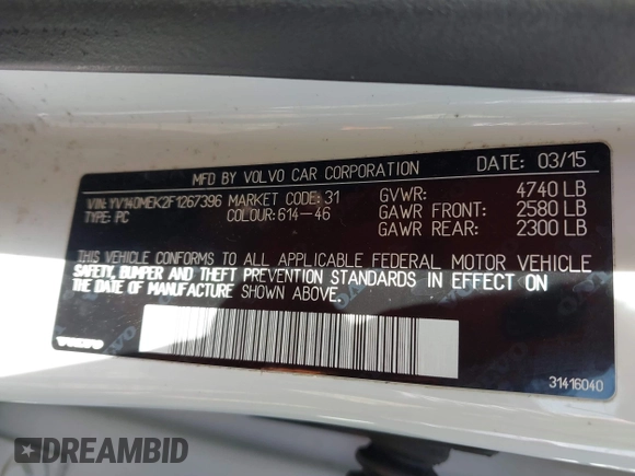 2015 Volvo V60 T5 Drive-E Premier z VIN YV140MEK2F1267396, wystawiony jako IAAI lot #41921329 z przebiegiem 93 937 mil mil oraz . Historia ofert i sprzedaży dostępna na DreamBid. Obrazek 9.