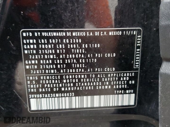 2019 Volkswagen Tiguan S z VIN 3VV0B7AX3KM046633, wystawiony jako Copart lot #57312875 z przebiegiem 134 207 mil mil oraz Szkoda całkowita • Salvage title. Historia ofert i sprzedaży dostępna na DreamBid. Obrazek 13.