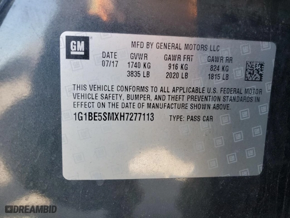 2017 Chevrolet Cruze LT with VIN 1G1BE5SMXH7277113, listed as a Copart auction lot 50737845 with 124,382 mi miles and Salvage Title. Bid and sale history available at carsss.com. Image 12.