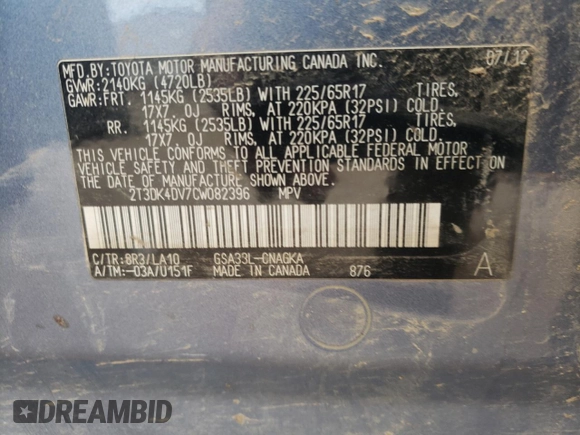 2012 Toyota RAV4 Limited с VIN 2T3DK4DV7CW082396, выставлен на аукционе Copart как лот 52160565 с пробегом 104 894 миль миль и Списание • Salvage title. История ставок и продаж доступна на DreamBid. Изображение 12.
