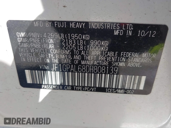 2013 Subaru Impreza Special Sports Premium с VIN JF1GPAL68DH808139, выставлен на аукционе IAAI как лот 41992551 с пробегом 222 945 миль миль и . История ставок и продаж доступна на DreamBid. Изображение 9.