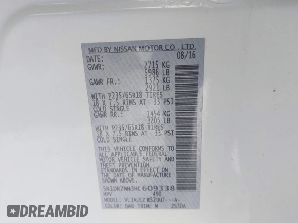 2017 Nissan Pathfinder S with VIN 5N1DR2MN3HC609338, listed as a IAAI auction lot 41366023 with 107,790 mi miles and . Bid and sale history available at DreamBid. Image 9.