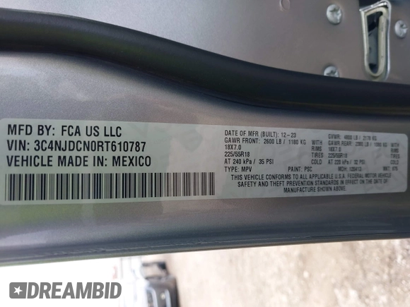 2024 Jeep Compass Limited с VIN 3C4NJDCN0RT610787, выставлен на аукционе IAAI как лот 42506705 с пробегом 54 843 миль миль и . История ставок и продаж доступна на DreamBid. Изображение 9.