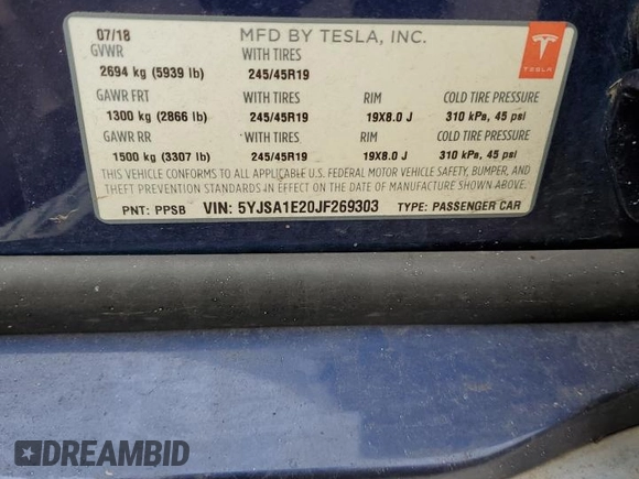 2018 Tesla Model S 75D with VIN 5YJSA1E20JF269303, listed as a Copart auction lot 47971925 with 112,181 mi miles and Salvage title. Bid and sale history available at DreamBid. Image 12.