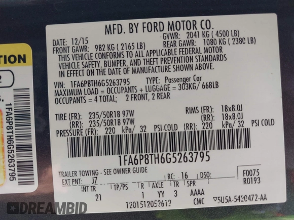 2016 Ford Mustang EcoBoost z VIN 1FA6P8TH6G5263795, wystawiony jako IAAI lot #42310175 z przebiegiem 124 174 mil mil oraz . Historia ofert i sprzedaży dostępna na DreamBid. Obrazek 9.