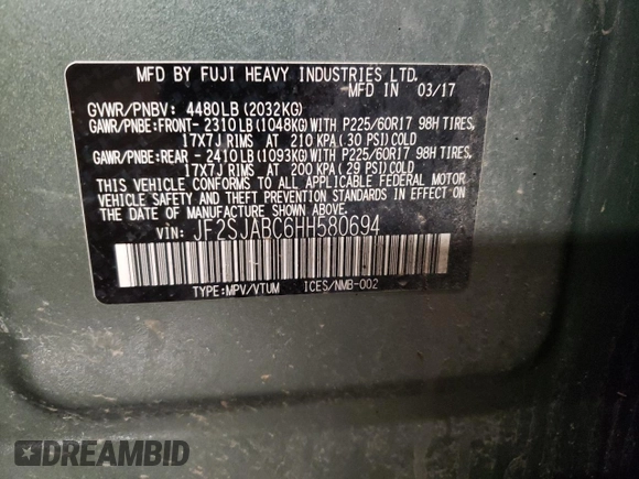 2017 Subaru Forester with VIN JF2SJABC6HH580694, listed as a Copart auction lot 68507072 with 57,200 mi miles. Bid and sale history available at carsss.com. Image 15.