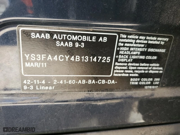 2011 Saab 9-3 with VIN YS3FA4CY4B1314725, listed as a Copart auction lot 75767224 with NaN miles and Clean Title. Bid and sale history available at carsss.com. Image 12.