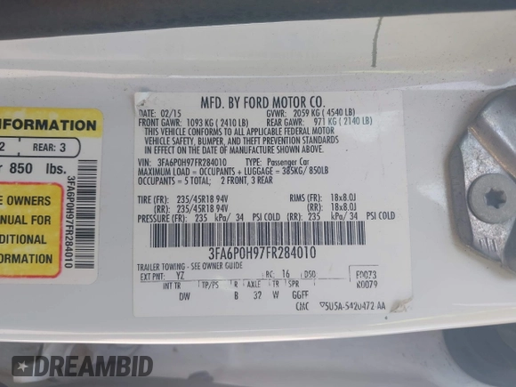 2015 Ford Fusion SE with VIN 3FA6P0H97FR284010, listed as a IAAI auction lot 42092309 with 171,826 mi miles and . Bid and sale history available at DreamBid. Image 9.