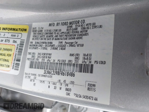 2015 Lincoln MKZ with VIN 3LN6L2J98FR618486, listed as a IAAI auction lot 41328946 with 167,211 mi miles and . Bid and sale history available at DreamBid. Image 9.