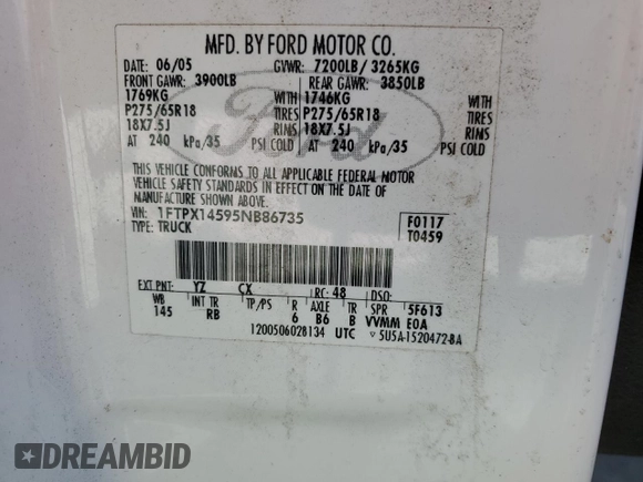 2005 Ford F-150 XLT с VIN 1FTPX14595NB86735, выставлен на аукционе Copart как лот 62605945 с пробегом 208 297 миль миль и Чистый • Clean title. История ставок и продаж доступна на DreamBid. Изображение 12.