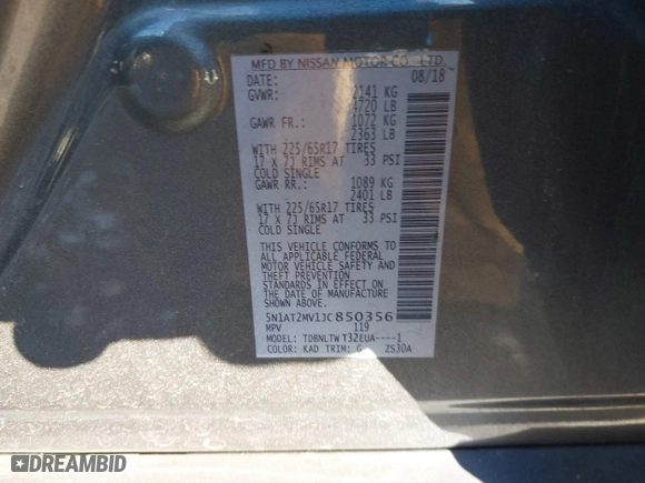 2018 Nissan Rogue S with VIN 5N1AT2MV1JC850356, listed as a IAAI auction lot 41377616 with 555,746 mi miles. Bid and sale history available at carsss.com. Image 9.