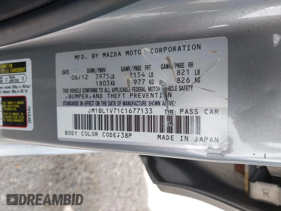 2012 Mazda 3 i Touring with VIN JM1BL1V71C1677133, listed as a IAAI auction lot 41991234 with 104,610 mi miles and . Bid and sale history available at DreamBid. Image 9.
