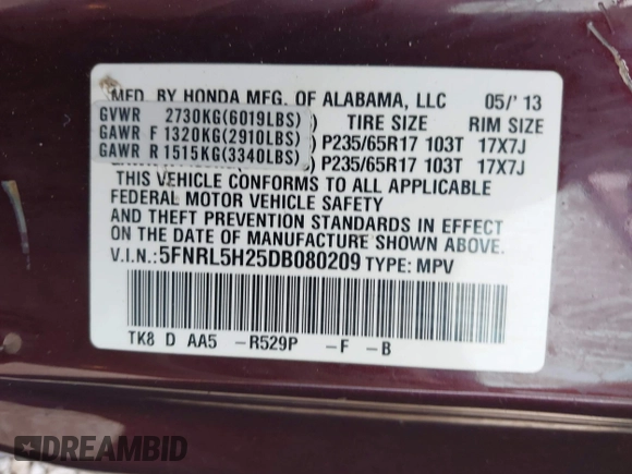 2013 Honda Odyssey LX with VIN 5FNRL5H25DB080209, listed as a IAAI auction lot 42123644 with 157,631 mi miles and . Bid and sale history available at carsss.com. Image 9.
