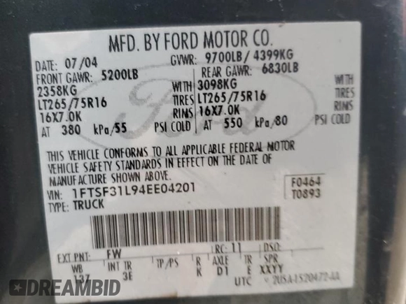 2004 Ford F-350 XL with VIN 1FTSF31L94EE04201, listed as a Copart auction lot 83275484 with 55,446 mi miles and Clean Title. Bid and sale history available at DreamBid. Image 12.