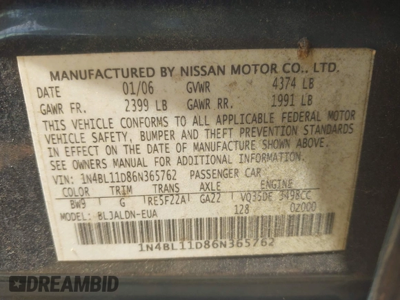 2006 Nissan Altima SE with VIN 1N4BL11D86N365762, listed as a IAAI auction lot 42275034 with 212,759 mi miles and . Bid and sale history available at DreamBid. Image 9.