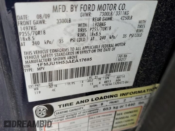 2010 Ford Expedition Eddie Bauer with VIN 1FMJU1H53AEA17695, listed as a Copart auction lot 55859415 with 207,090 mi miles and Salvage title. Bid and sale history available at DreamBid. Image 13.