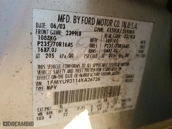 2004 Ford Escape XLT with VIN 1FMYU93114KA26726, listed as a Copart auction lot 82481334 with 141,091 mi miles and Clean Title. Bid and sale history available at carsss.com. Image 13.