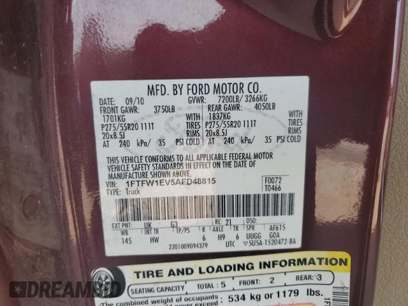 2010 Ford F-150 XL z VIN 1FTFW1EV5AFD48815, wystawiony jako Copart lot #62149125 z przebiegiem 286 057 mil mil oraz Szkoda całkowita • Salvage title. Historia ofert i sprzedaży dostępna na DreamBid. Obrazek 12.