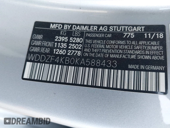 2019 Mercedes-Benz E 300 with VIN WDDZF4KB0KA588433, listed as a IAAI auction lot 42078946 with 68,552 mi miles and . Bid and sale history available at DreamBid. Image 9.