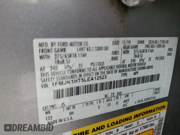 2020 Ford Expedition Max XLT with VIN 1FMJK1HT5LEA12523, listed as a Copart auction lot 56884785 with 159,041 mi miles and Salvage title. Bid and sale history available at DreamBid. Image 13.