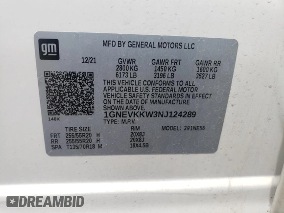 2022 Chevrolet Traverse Premier z VIN 1GNEVKKW3NJ124289, wystawiony jako Copart lot #56140475 z przebiegiem 71 798 mil mil oraz Szkoda całkowita • Salvage title. Historia ofert i sprzedaży dostępna na DreamBid. Obrazek 13.