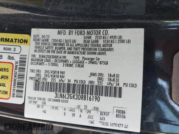 2013 Lincoln MKZ с VIN 3LN6L2GK3DR816190, выставлен на аукционе IAAI как лот 42093774 с пробегом 156 364 миль миль и . История ставок и продаж доступна на DreamBid. Изображение 9.