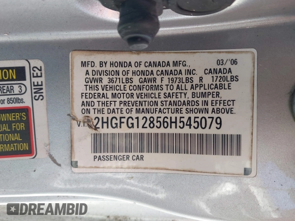 2006 Honda Civic Cpe EX with VIN 2HGFG12856H545079, listed as a IAAI auction lot 42026662 with 177,866 mi miles. Bid and sale history available at carsss.com. Image 9.
