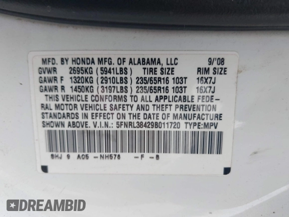 2009 Honda Odyssey EX с VIN 5FNRL38429B011720, выставлен на аукционе IAAI как лот 42034163 с пробегом 168 729 миль миль и . История ставок и продаж доступна на DreamBid. Изображение 9.