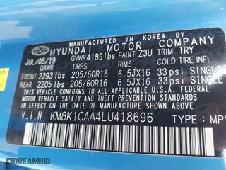 2020 Hyundai Kona SE with VIN KM8K1CAA4LU418696, listed as a IAAI auction lot 41950986 with 75,998 mi miles. Bid and sale history available at carsss.com. Image 9.