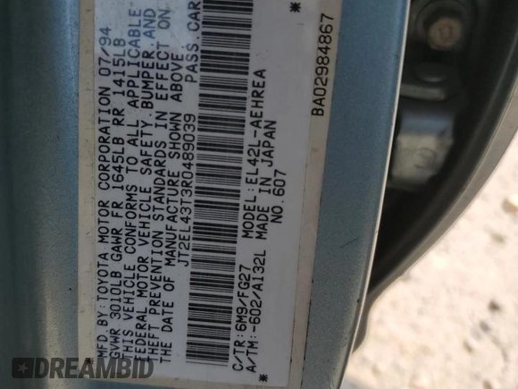 1994 Toyota Tercel DX z VIN JT2EL43T3R0489039, wystawiony jako Copart lot #67834034 z przebiegiem 139 726 mil mil oraz Szkoda całkowita • Salvage title. Historia ofert i sprzedaży dostępna na DreamBid. Obrazek 14.