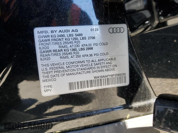 2023 Audi Q5 Sportback S line Premium Plus with VIN WA15AAFY6P2089295, listed as a Copart auction lot 55124535 with 16,884 mi miles and Salvage title. Bid and sale history available at DreamBid. Image 13.