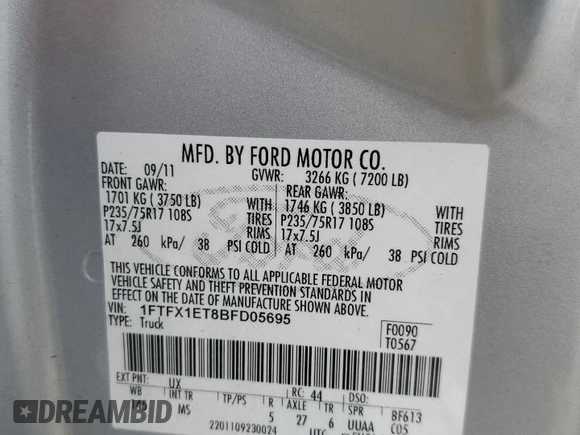 2011 Ford F-150 XL with VIN 1FTFX1ET8BFD05695, listed as a Copart auction lot 53955265 with 0 mi miles and Salvage Title. Bid and sale history available at carsss.com. Image 12.