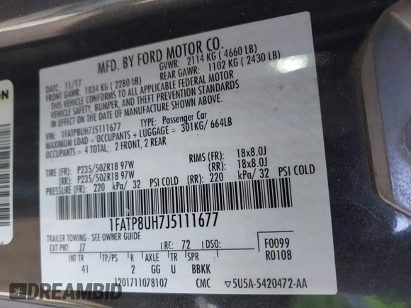 2018 Ford Mustang EcoBoost Premium with VIN 1FATP8UH7J5111677, listed as a IAAI auction lot 41427830 with 141,793 mi miles and . Bid and sale history available at carsss.com. Image 9.