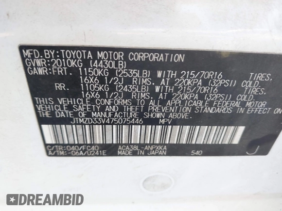 2007 Toyota RAV4 with VIN JTMZD33V475075446, listed as a IAAI auction lot 40643030 with 175,216 mi miles. Bid and sale history available at carsss.com. Image 9.