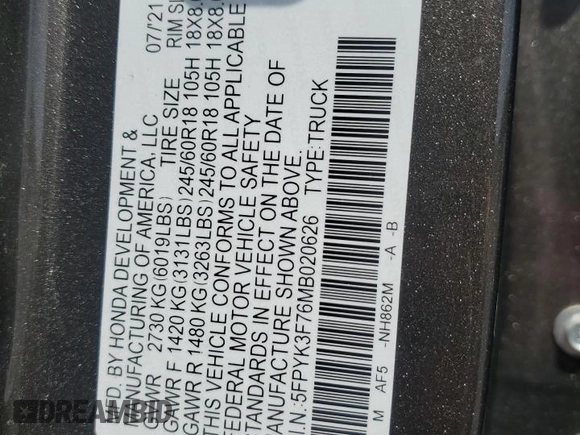 2021 Honda Ridgeline RTL-E with VIN 5FPYK3F76MB020626, listed as a Copart auction lot 55052515 with Not provided miles and Salvage title. Bid and sale history available at DreamBid. Image 12.