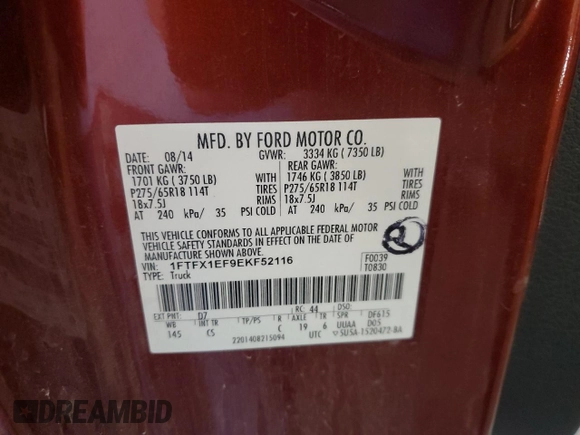 2014 Ford F-150 XL z VIN 1FTFX1EF9EKF52116, wystawiony jako Copart lot #55934075 z przebiegiem 157 297 mil mil oraz Nie do naprawy • Non repairable. Historia ofert i sprzedaży dostępna na DreamBid. Obrazek 12.