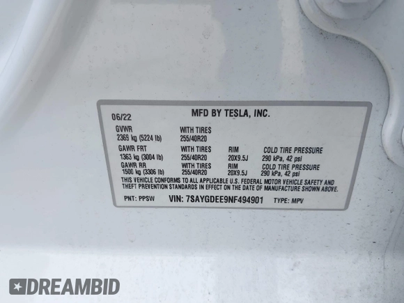 2022 Tesla Model Y Long Range z VIN 7SAYGDEE9NF494901, wystawiony jako IAAI lot #42310520 z przebiegiem 62 515 mil mil oraz . Historia ofert i sprzedaży dostępna na DreamBid. Obrazek 9.