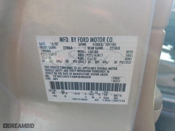 2008 Ford Escape XLT with VIN 1FMCU031X8KB99205, listed as a Copart auction lot 48990655 with 127,050 mi miles and Salvage Title. Bid and sale history available at carsss.com. Image 13.