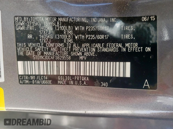 2015 Toyota Sienna XLE with VIN 5TDYK3DC4FS629558, listed as a Copart auction lot 64062045 with 172,669 mi miles and Clean title. Bid and sale history available at DreamBid. Image 13.
