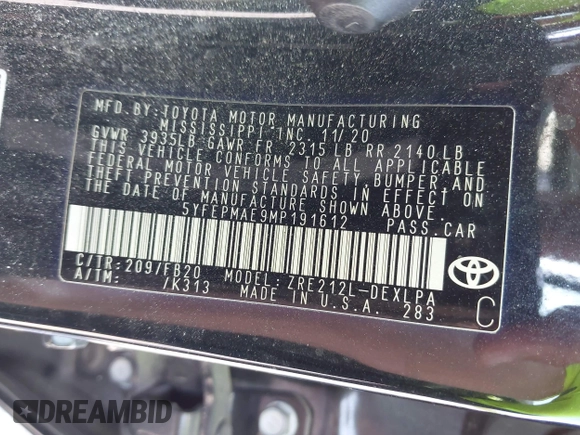 2021 Toyota Corolla LE with VIN 5YFEPMAE9MP191612, listed as a IAAI auction lot 41977110 with 83,639 mi miles and . Bid and sale history available at DreamBid. Image 9.