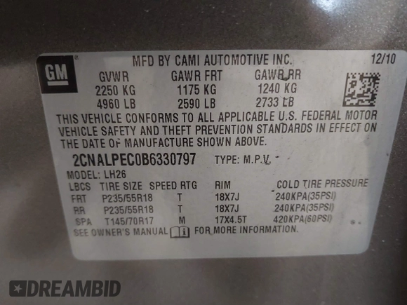 2011 Chevrolet Equinox 2LT with VIN 2CNALPEC0B6330797, listed as a IAAI auction lot 41461525 with 170,000 mi miles and . Bid and sale history available at carsss.com. Image 9.