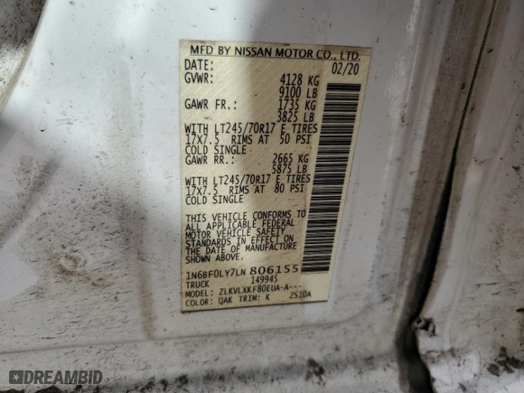 2020 Nissan NV Cargo SV with VIN 1N6BF0LY7LN806155, listed as a Copart auction lot 49565554 with 290765 miles and Salvage Title. Bid and sale history available at carsss.com. Image 12.
